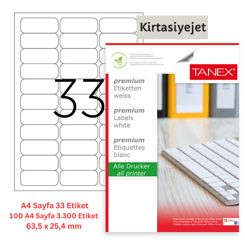 Tanex Lazer Etiket tw-2033 100 A4 Sayfa Lazer Etiket 63.5 x 25.4 mm Boyutunda 1 A4 Sayfada 33 Etiket