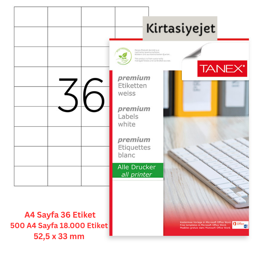 Tanex Lazer Etiket tw-2035 500 A4 Sayfa Lazer Etiket 52,5 x 33 mm Boyutunda 1 A4 Sayfada 36 Etiket