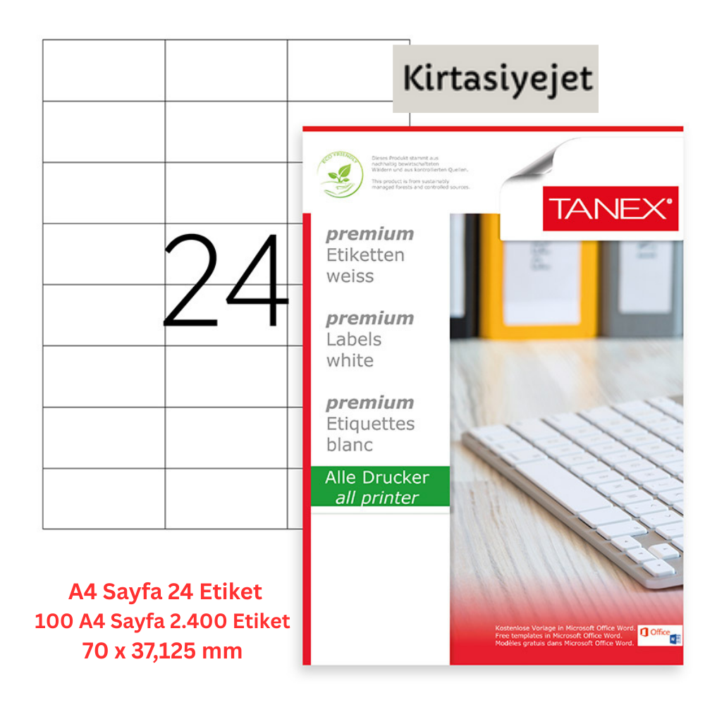 Tanex Lazer Etiket tw-2037 100 A4 Sayfa Lazer Etiket 70x37.125 mm Boyutunda 1 A4 Sayfada 24 Etiket