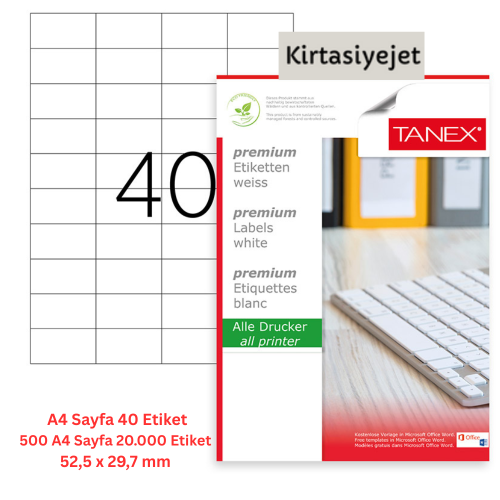 Tanex Lazer Etiket tw-2040 500 A4 Sayfa Lazer Etiket 52.5X 29.7 mm Boyutunda 1 A4 Sayfada 40 Etiket