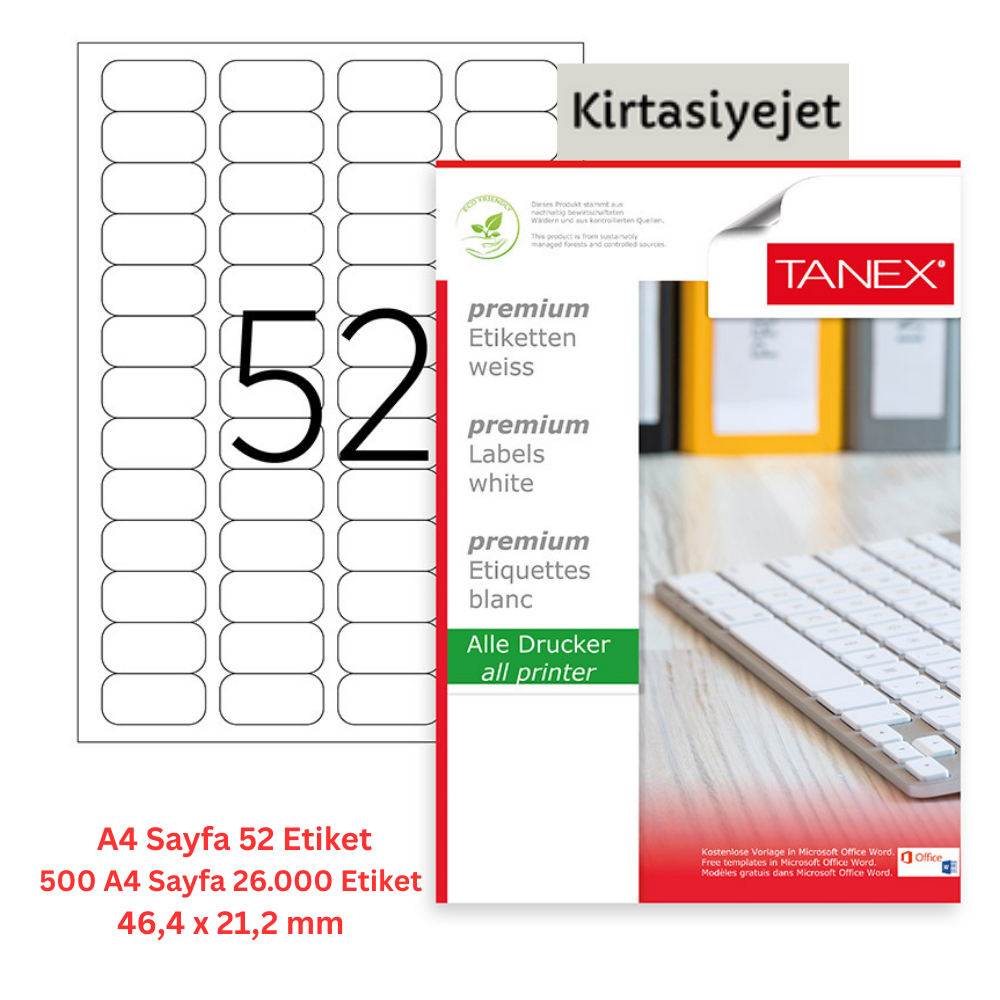 Tanex Lazer Etiket tw-2052 500 A4 Sayfa Laser Etiket 46.4 X 21.2 mm Boyutunda 1 A4 Sayfada 52 Etiket
