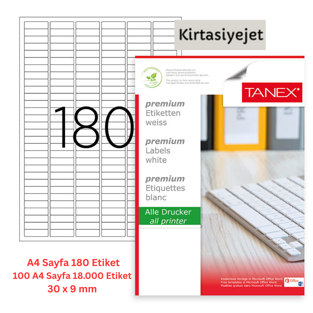 Tanex Lazer Etiket tw-2060 100 A4 Sayfa Laser Etiket 30 X 9 mm Boyutunda 1 A4 Sayfada 180 Etiket