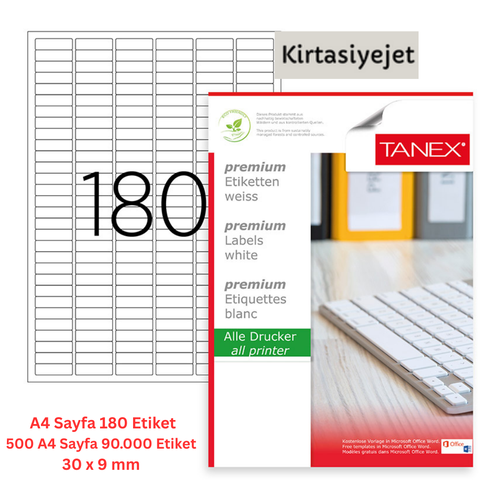 Tanex Lazer Etiket tw-2060 500 A4 Sayfa Laser Etiket 30 X 9 mm Boyutunda 1 A4 Sayfada 180 Etiket