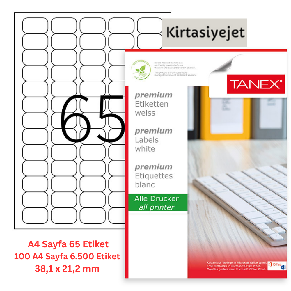 Tanex Lazer Etiket tw-2065 100 A4 Sayfa Laser Etiket 38.1 X 21.2 mm Boyutunda 1 A4 Sayfada 65 Etiket
