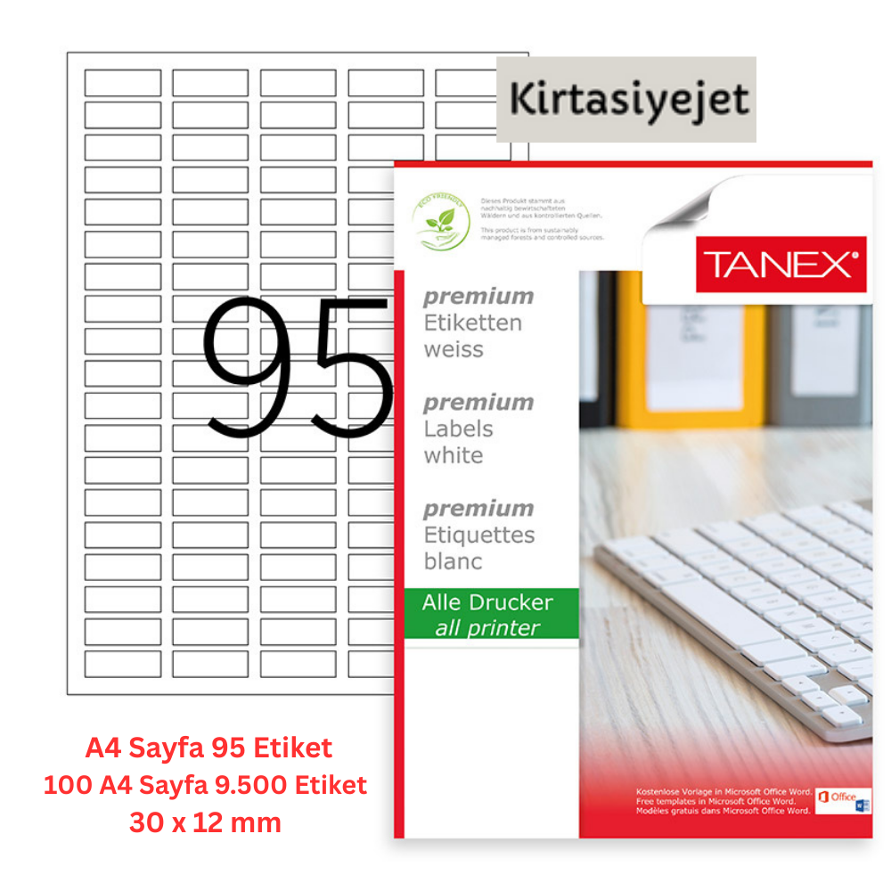 Tanex Lazer Etiket tw-2095 100 A4 Sayfa Laser Etiket 30x12 mm Boyutunda 1 A4 Sayfada 95 Etiket
