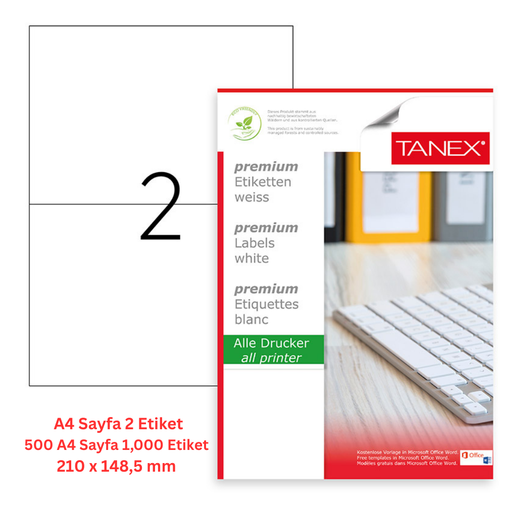 Tanex Lazer Etiket tw-2102 500 A4 Sayfa Laser Etiket 210 x 148,5 mm Boyutunda 1 A4 Sayfada 2 Etiket