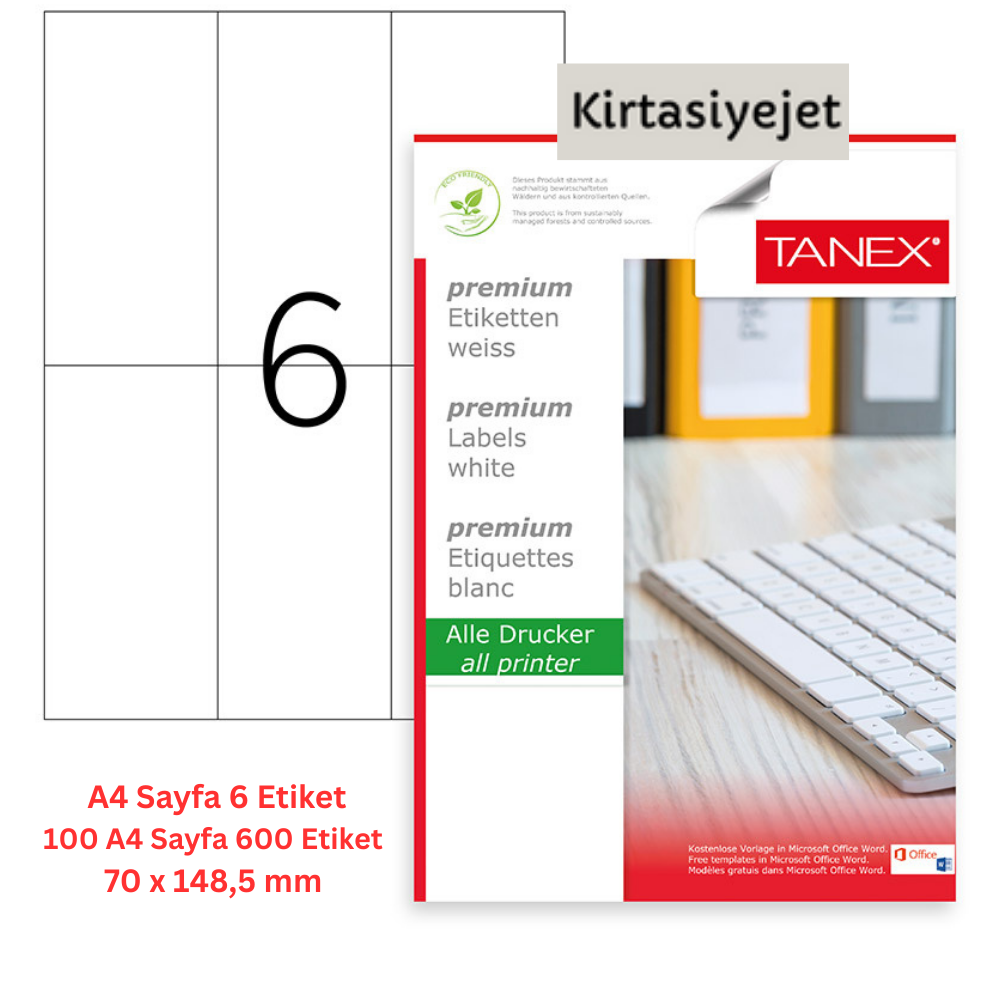 Tanex Lazer Etiket tw-2106 100 A4 Sayfa Laser Etiket 70 x 148,5 mm Boyutunda 1 A4 Sayfada 8 Etiket