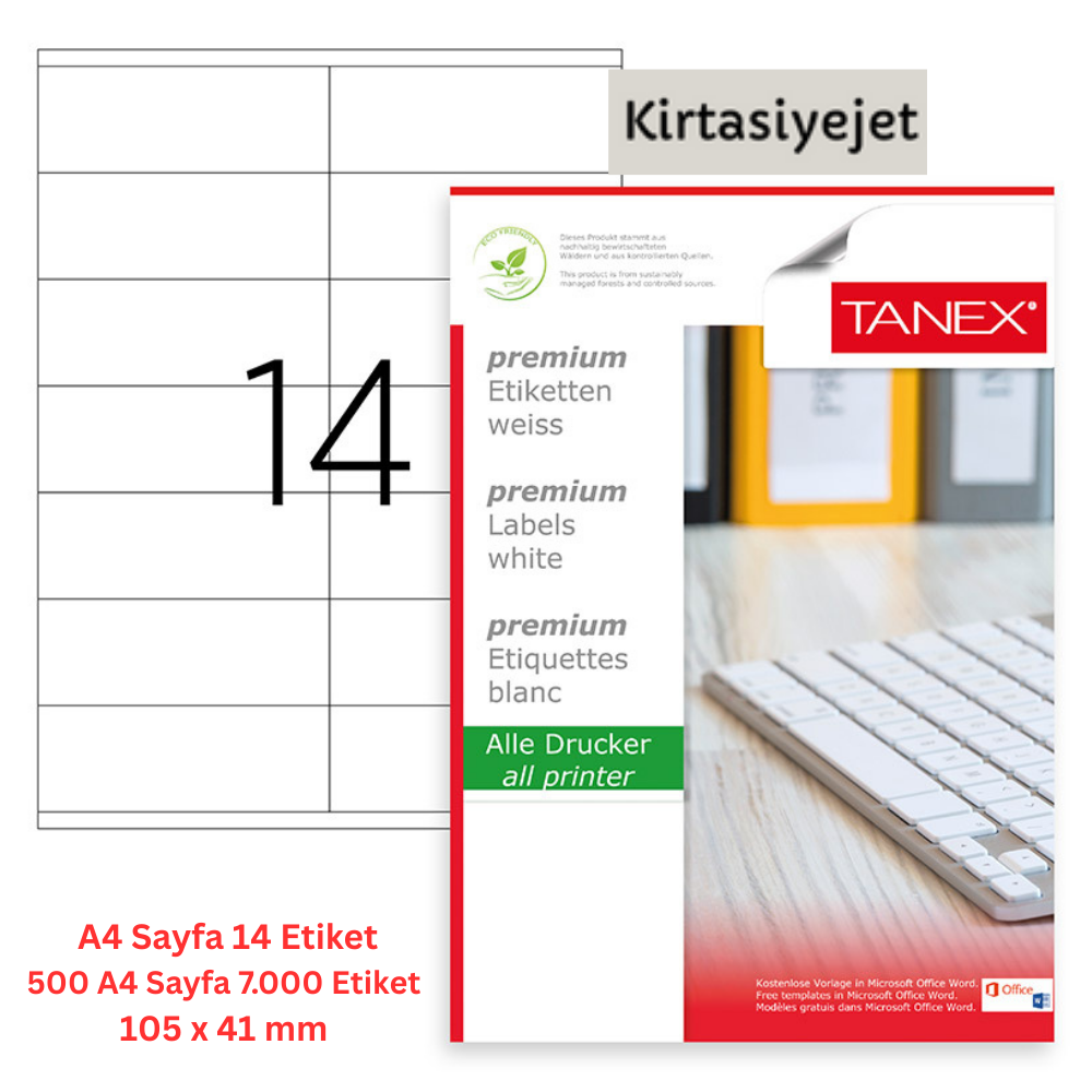 Tanex Lazer Etiket tw-2114 500 A4 Sayfa Laser Etiket 105 x 41 mm Boyutunda 1 A4 Sayfada 14 Etiket.