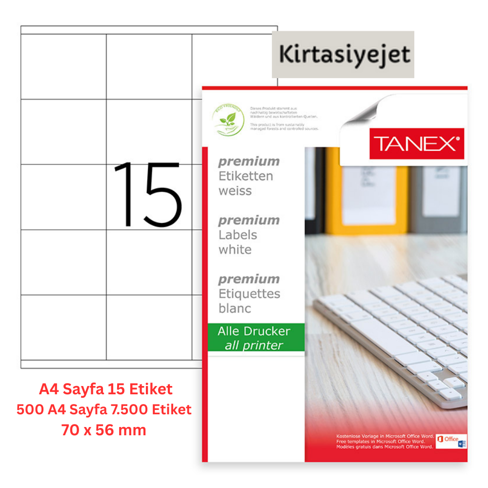 Tanex Lazer Etiket tw-2115 500 A4 Sayfa Laser Etiket  70 x 56 mm Boyutunda 1 A4 Sayfada 15 Etiket