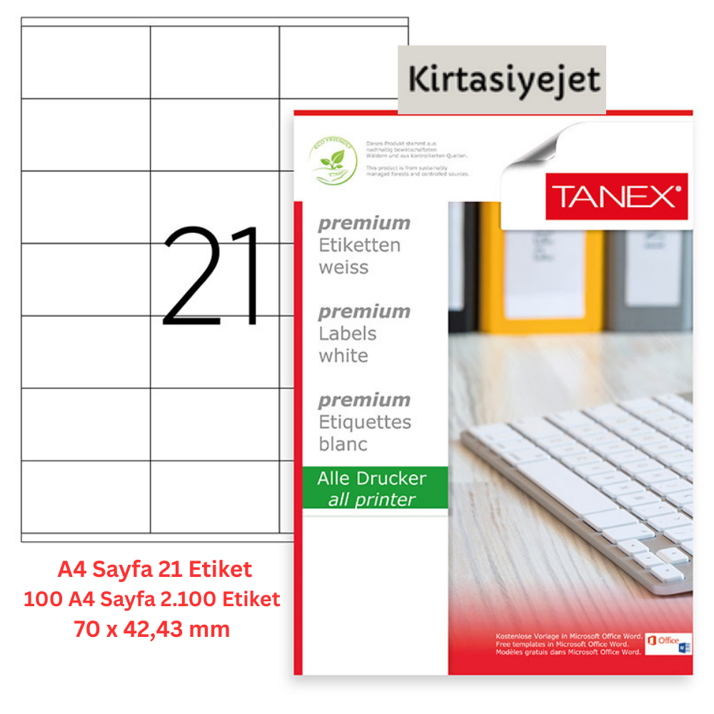 Tanex Lazer Etiket tw-2124 100 A4 Sayfa Laser Etiket 70 x 42,43 mm Boyutunda 1 A4 Sayfada 21 Etiket