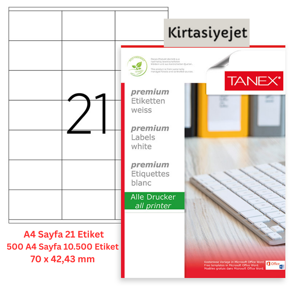 Tanex Lazer Etiket tw-2124 500 A4 Sayfa Laser Etiket 70 x 42,43 mm Boyutunda 1 A4 Sayfada 21 Etiket
