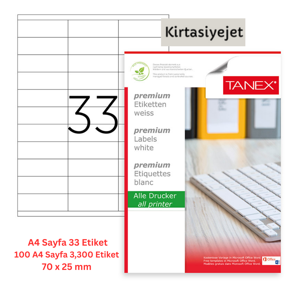 Tanex Lazer Etiket tw-2133 100 A4 Sayfa Laser Etiket 70 X 25 mm Boyutunda 1 A4 Sayfada 33 Etiket