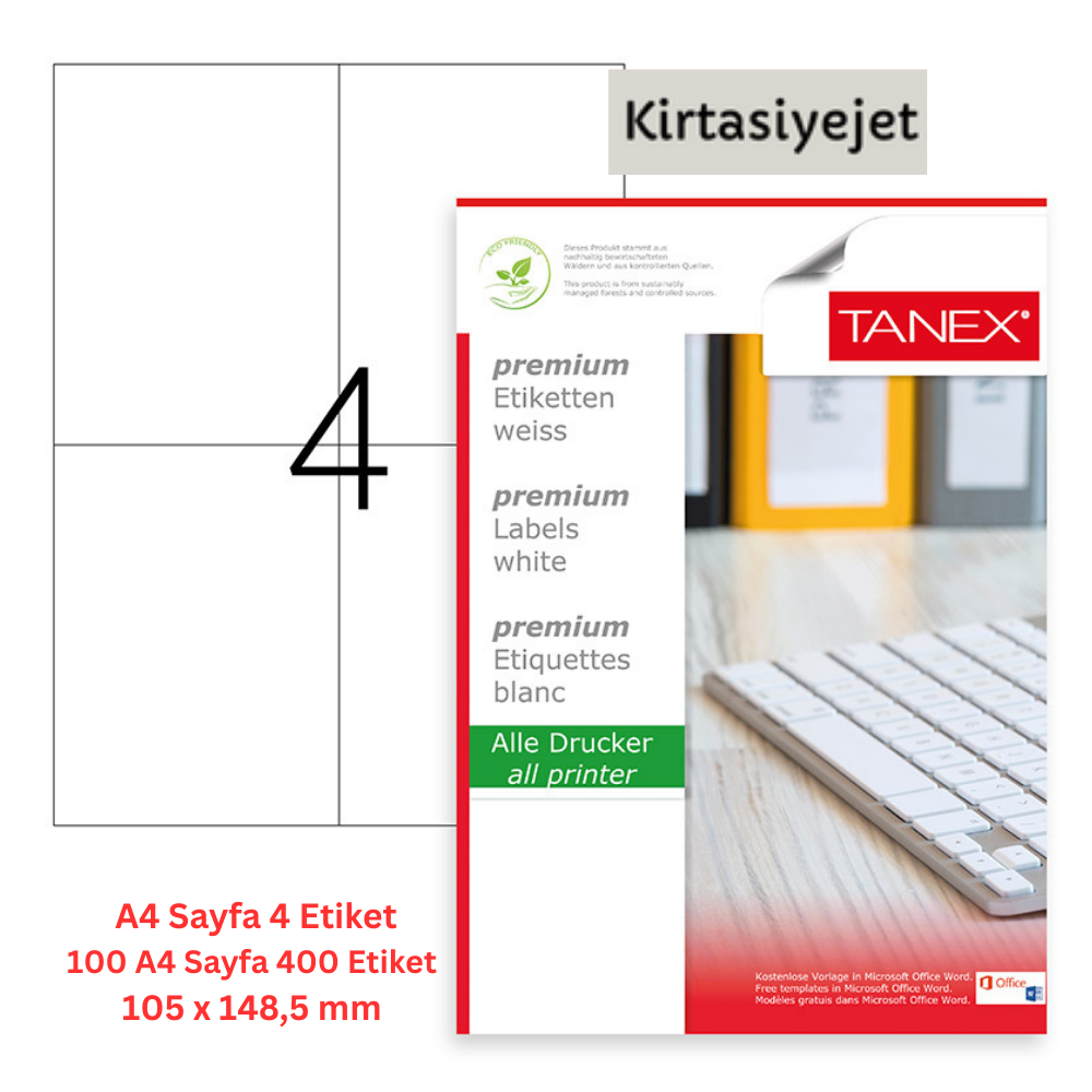Tanex Lazer Etiket tw-2204 100 A4 Sayfa Laser Etiket 105 x 148,5 mm Boyutunda 1 A4 Sayfada 4 Etiket