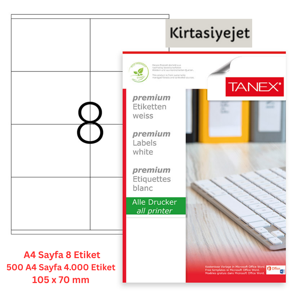 Tanex Lazer Etiket tw-2208 500 A4 Sayfa Laser Etiket 105 x 70 mm Boyutunda 1 A4 Sayfada 8 Etiket