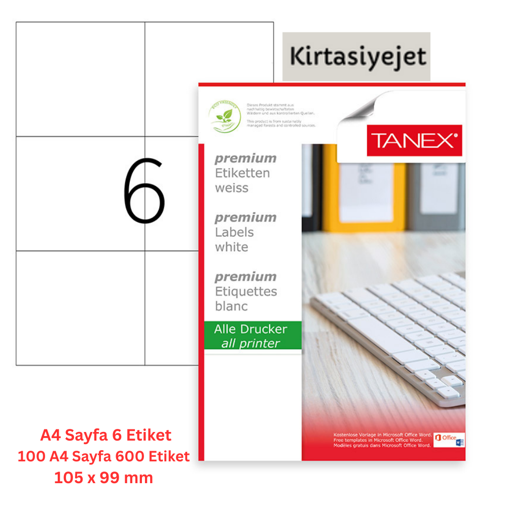 Tanex Lazer Etiket tw-2303 100 A4 Sayfa Laser Etiket 105 x 99 mm Boyutunda 1 A4 Sayfada 6 Etiket