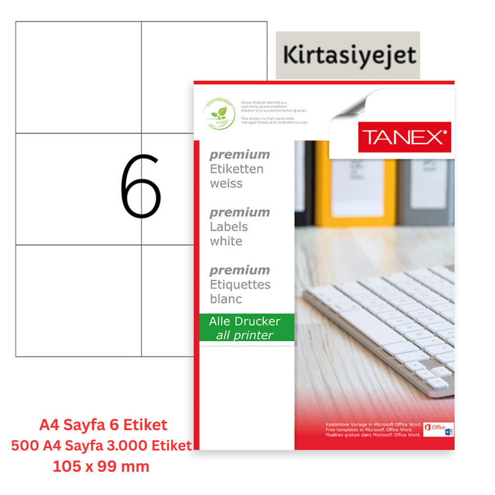 Tanex Lazer Etiket tw-2303 500 A4 Sayfa Laser Etiket 105 x 99 mm Boyutunda 1 A4 Sayfada 6 Etiket
