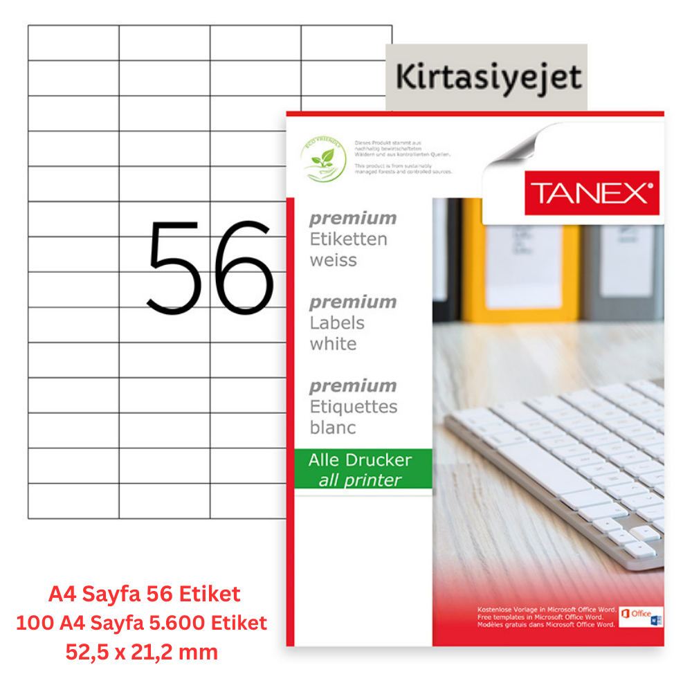 Tanex Lazer Etiket Tw-2321 100 A4 Sayfa Laser Etiket 52.5 x 21.2 mm Boyutunda 1 A4 Sayfada 56 Etiket
