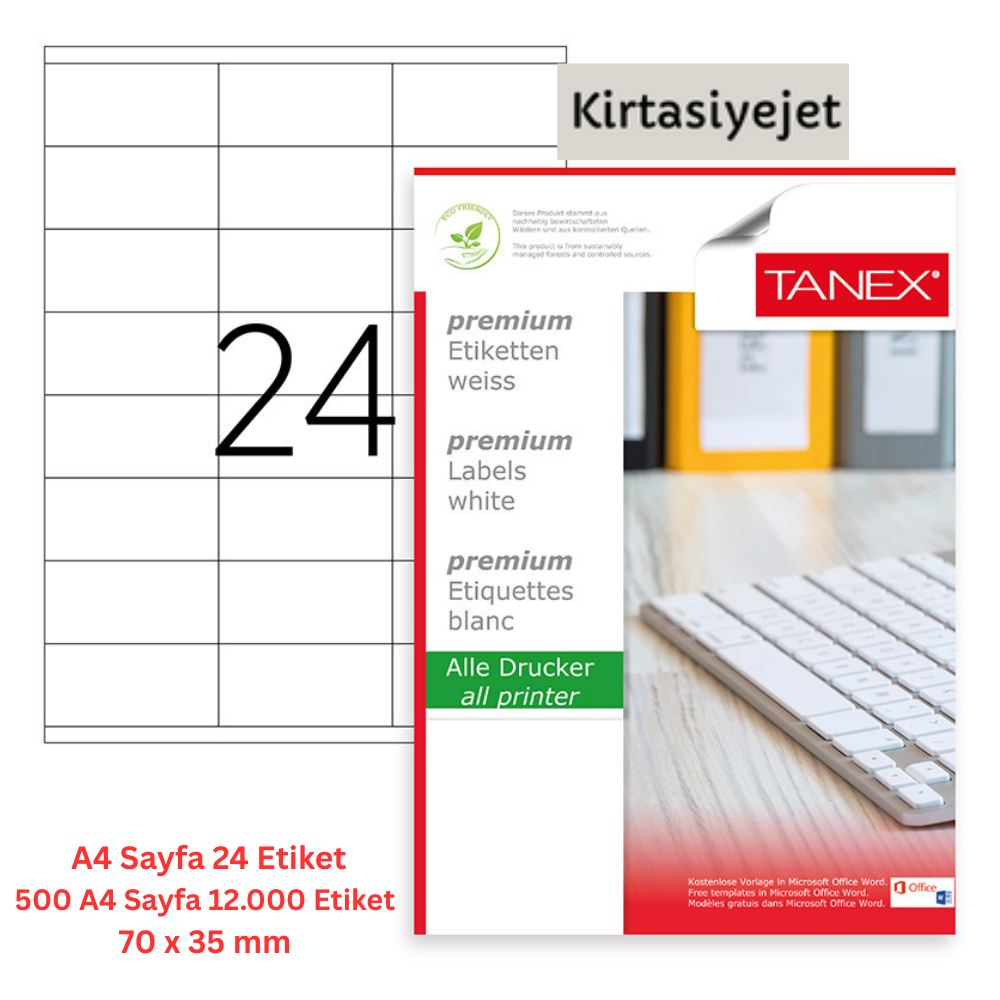 Tanex Lazer Etiket tw-2324 500 A4 Sayfa Laser Etiket 70 x 35 mm Boyutunda 1 A4 Sayfada 24 Etiket