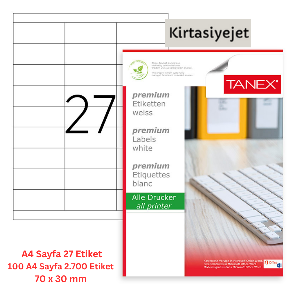 Tanex Lazer Etiket tw-2327 100 A4 Sayfa Laser Etiket 70 x 30 mm Boyutunda 1 A4 Sayfada 27 Etiket