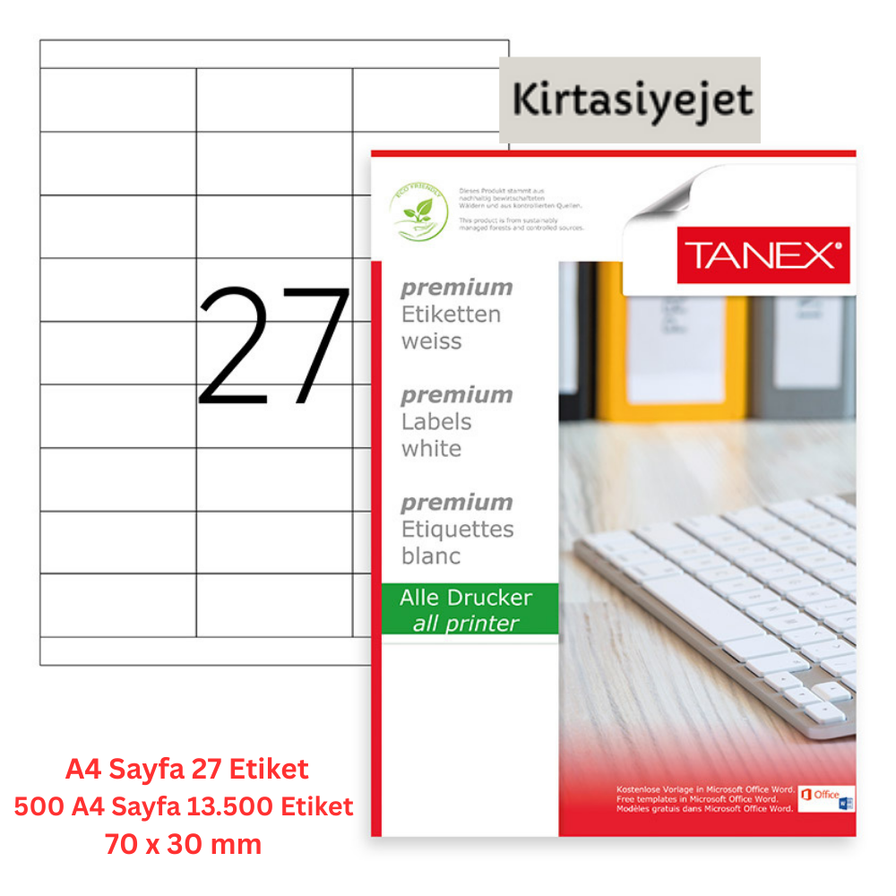 Tanex Lazer Etiket tw-2327 500 A4 Sayfa Laser Etiket 70 x 30 mm Boyutunda 1 A4 Sayfada 27 Etiket