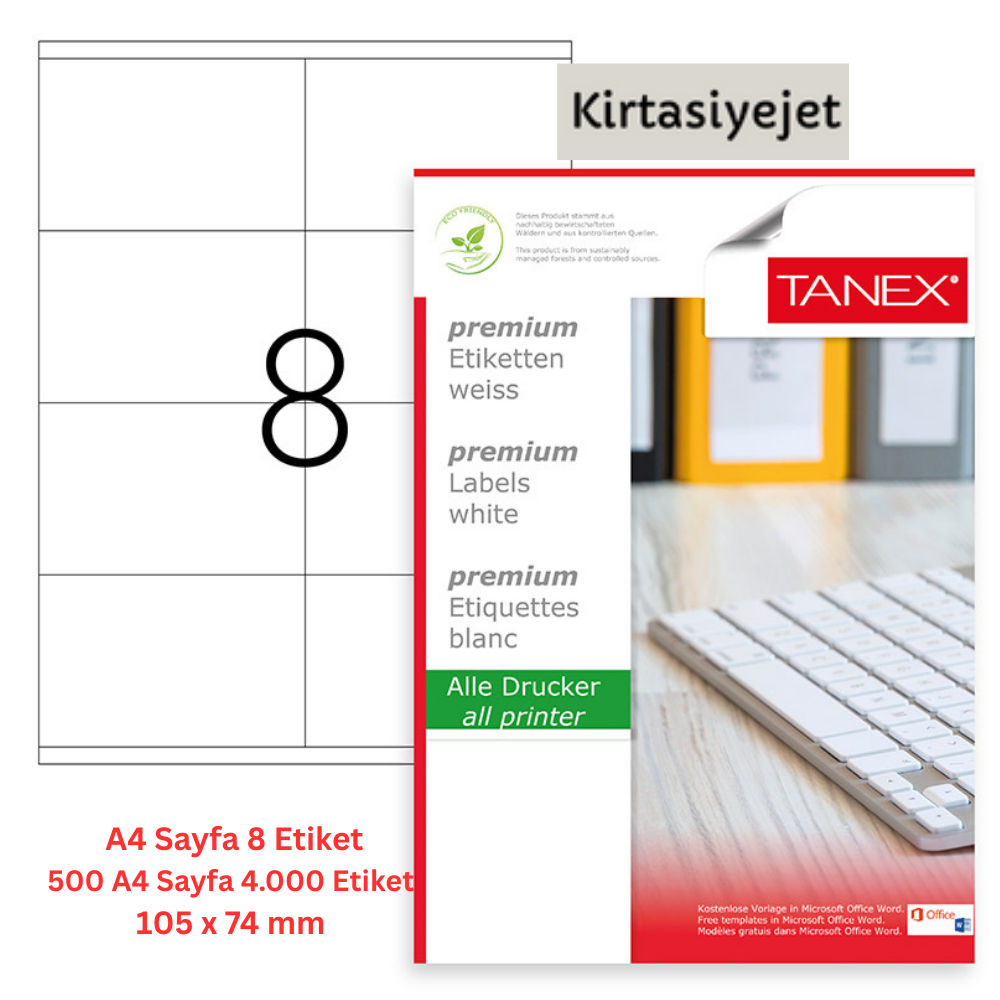 Tanex Lazer Etiket tw-2374 500 A4 Sayfa Laser Etiket 105 x 74 mm Boyutunda 1 A4 Sayfada 8 Etiket
