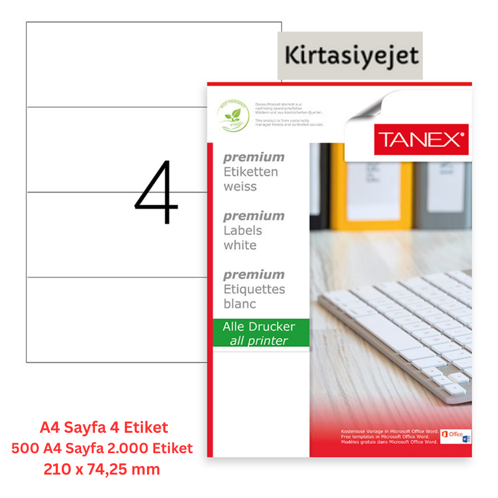 Tanex Lazer Etiket tw-2404 500 A4 Sayfa Laser Etiket 210 x 74,25 mm Boyutunda 1 A4 Sayfada 4 Etiket.