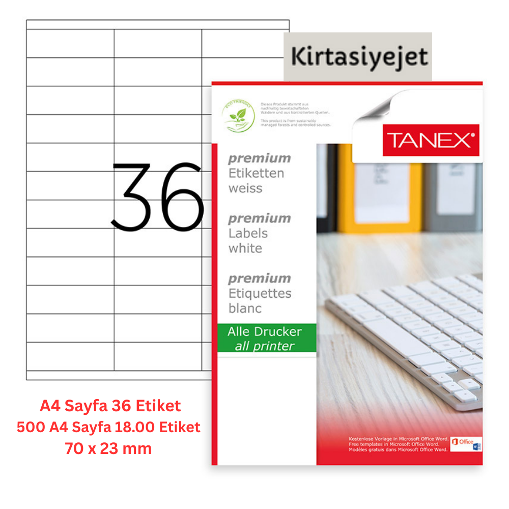 Tanex Lazer Etiket tw-2433 500 A4 Sayfa Laser Etiket 70 x 23 mm Boyutunda 1 A4 Sayfada 36 Etiket
