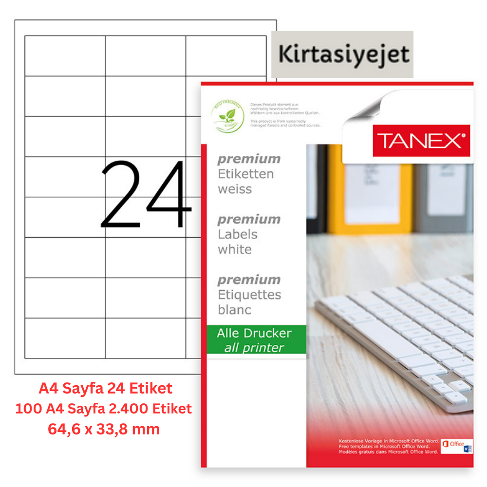 Tanex Lazer Etiket tw-2533 100 A4 Sayfa Laser Etiket 64.6 x 33.8 mm Boyutunda 1 A4 Sayfada 24 Etiket