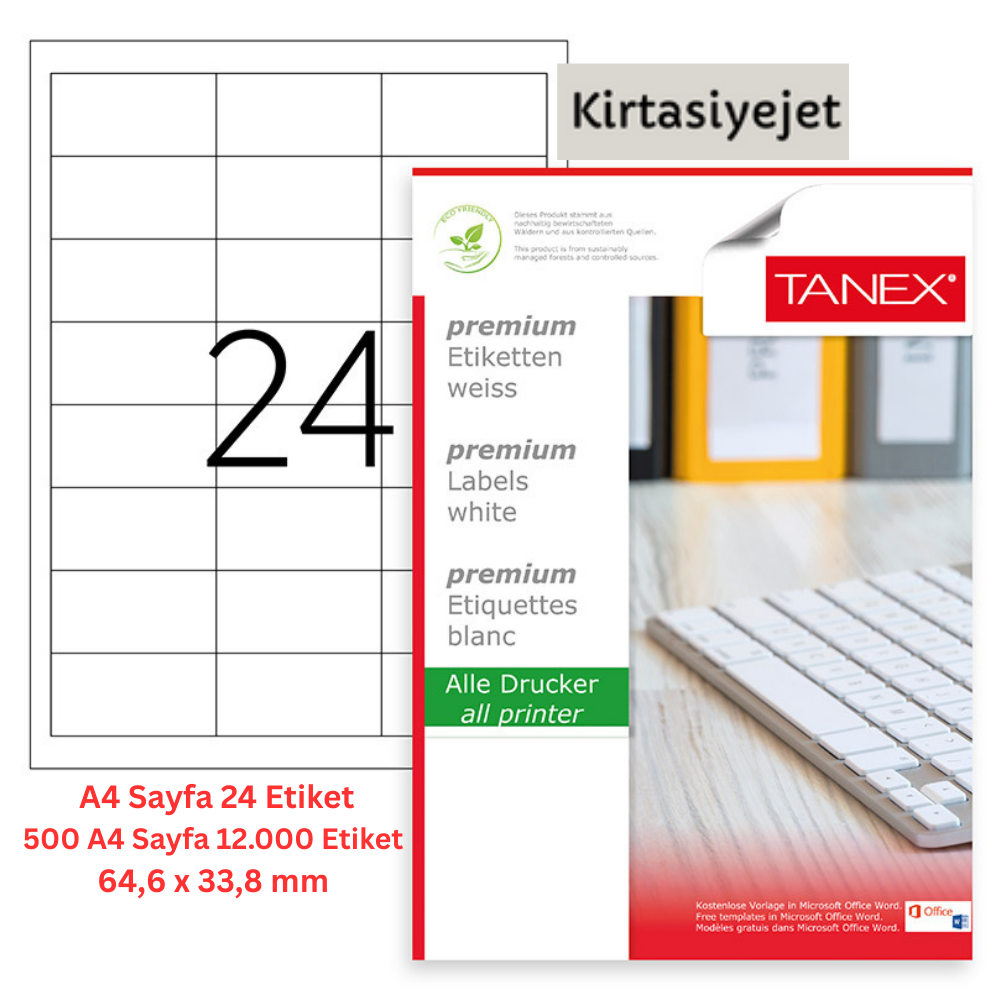 Tanex Lazer Etiket tw-2533 500 A4 Sayfa Laser Etiket 64.6 x 33.8 mm Boyutunda 1 A4 Sayfada 24 Etiket