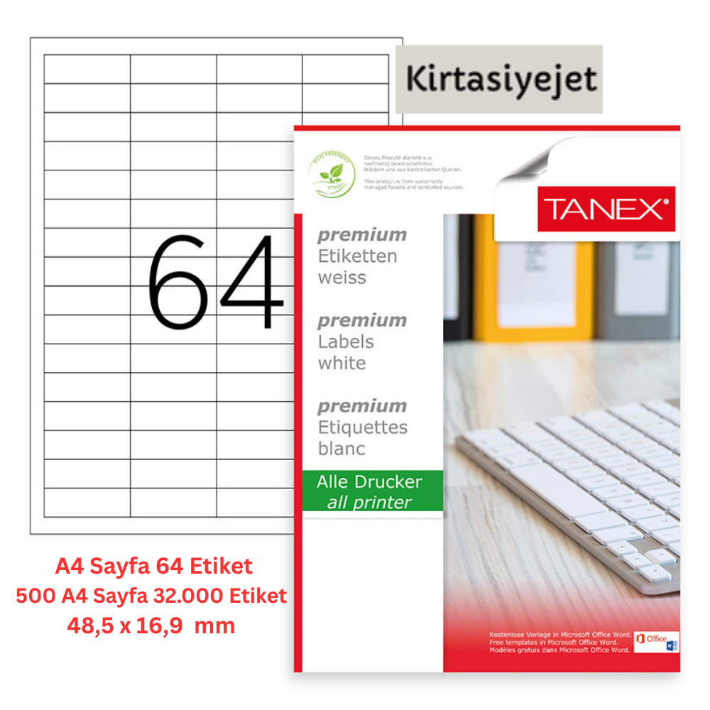 Tanex Lazer Etiket tw-2564 500 A4 Sayfa Laser Etiket 48.5 x 16.9 mm Boyutunda 1 A4 Sayfada 64 Etiket