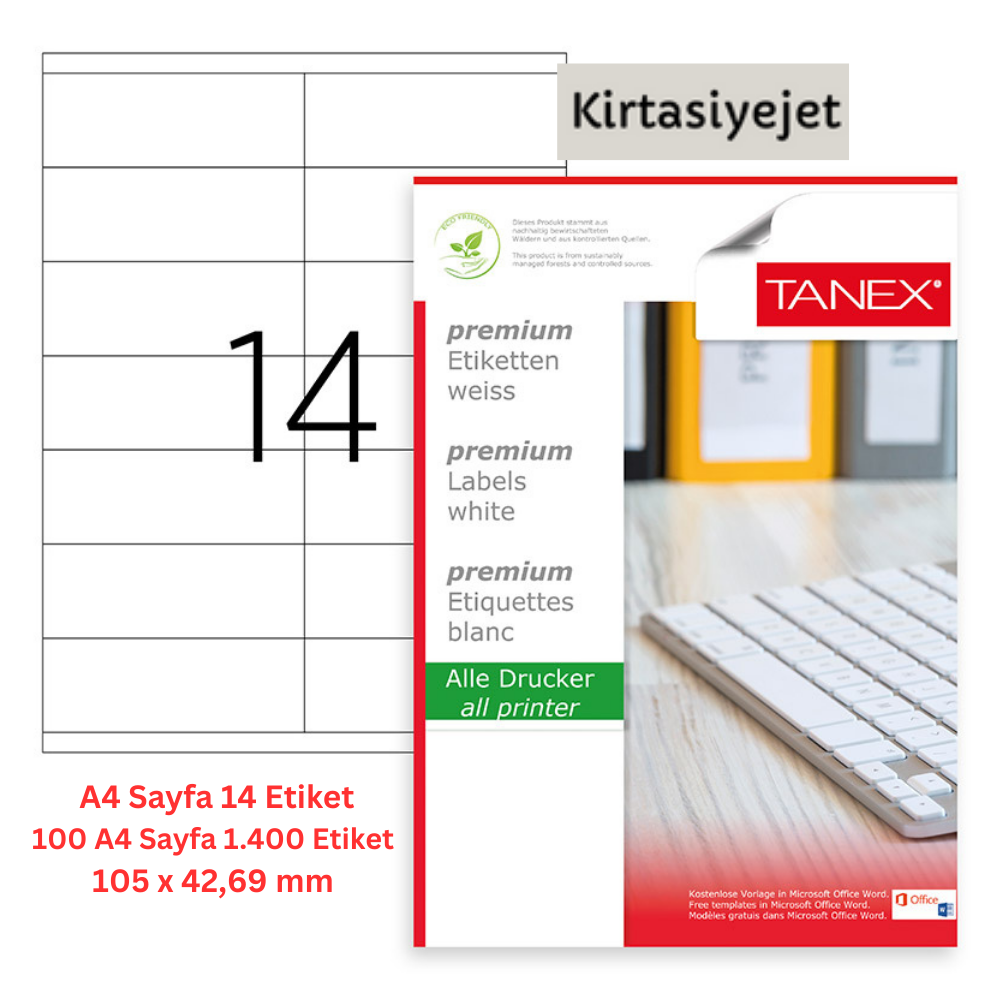 Tanex Lazer Etiket tw-2712 100 A4 Sayfa Laser Etiket 105 X 42,69 mm Boyutunda 1 A4 Sayfada 14 Etiket