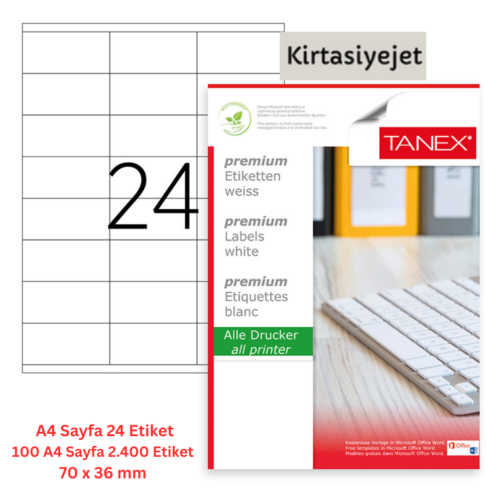 Tanex Lazer Etiket tw-2736 100 A4 Sayfa Laser Etiket 70 x 36 mm Boyutunda 1 A4 Sayfada 24 Etiket