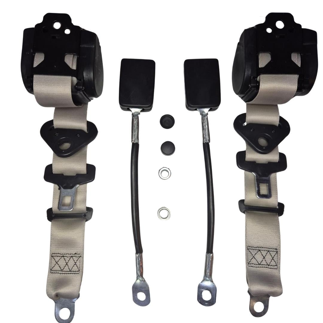 Front Seat Belt 3 Point Inertia with Chrome Buckle and Grey Webbing (1100-1200-1300-1302-1303-T2SPLIT-T2BAY-Karmann Ghia-Type3)