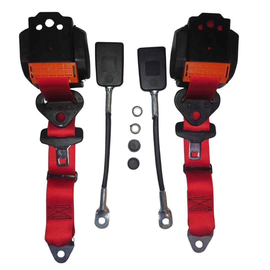 Front Seat Belt 3 Point Inertia with Chrome Buckle and Red Webbing