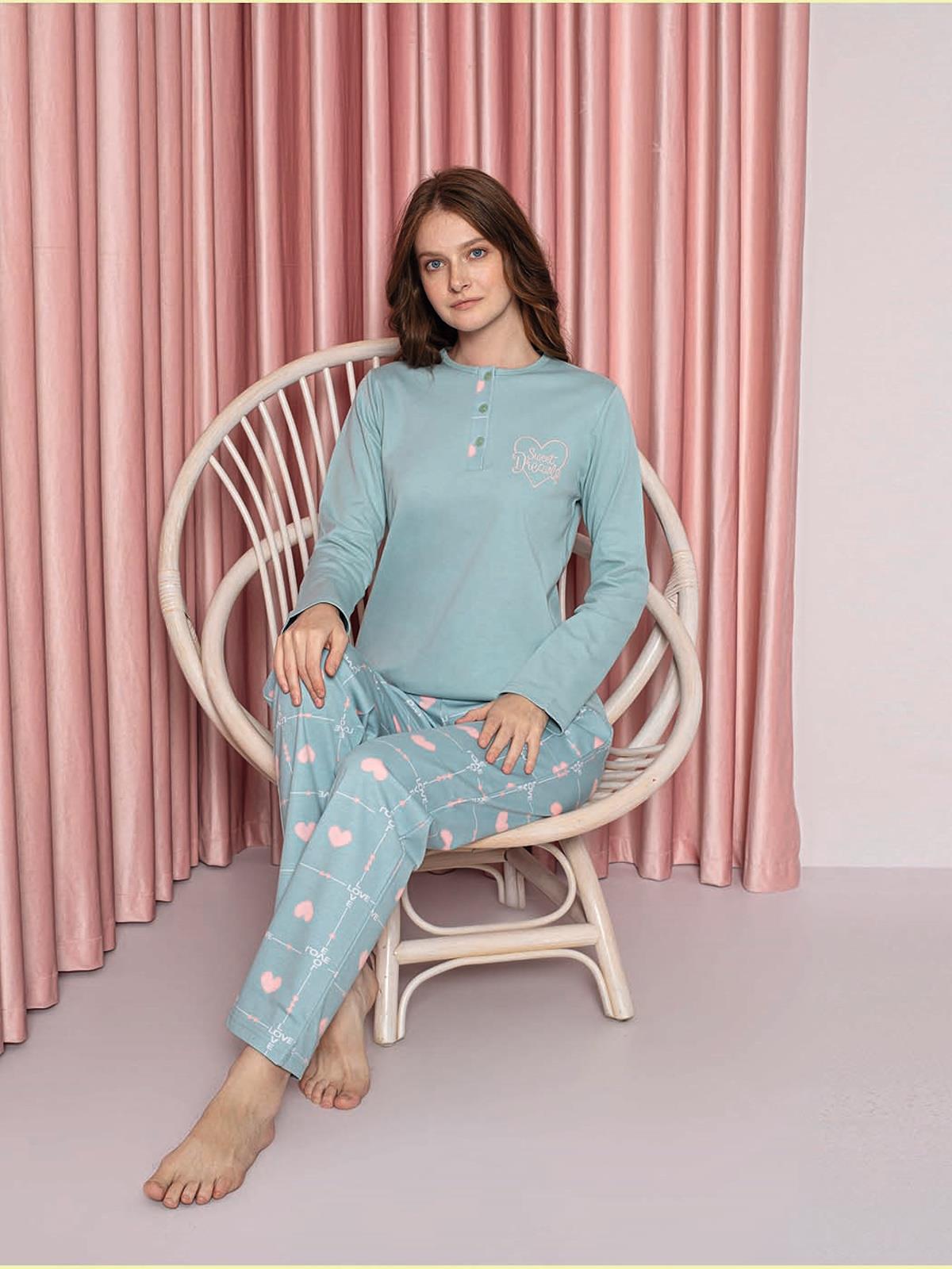 Kadın Pijama Takımı Genç İnterlok Kalpli Ekose Pamuklu Mevsimlik W20372246  - Ahengim - Online Giyim Mağazası