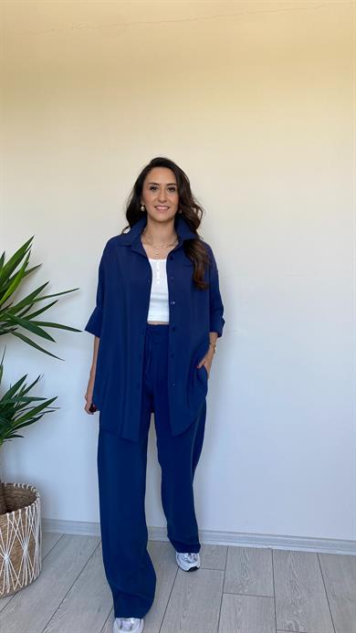 Lacivert Beli Lastikli Gömlek Pantolon Takım