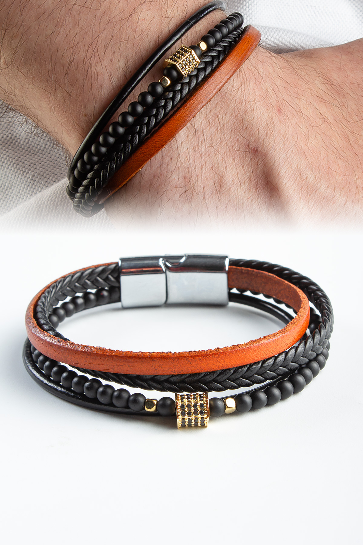 Afkan Dizme Dörtlü Deri Erkeke Bileklik