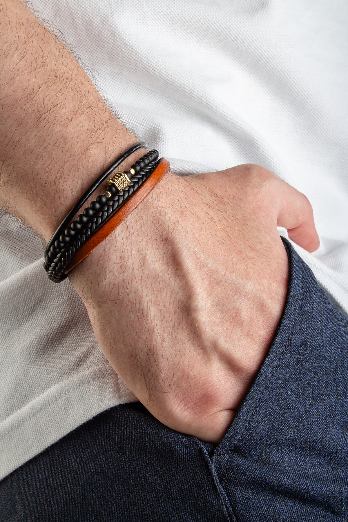 Afkan Dizme Dörtlü Deri Erkeke Bileklik