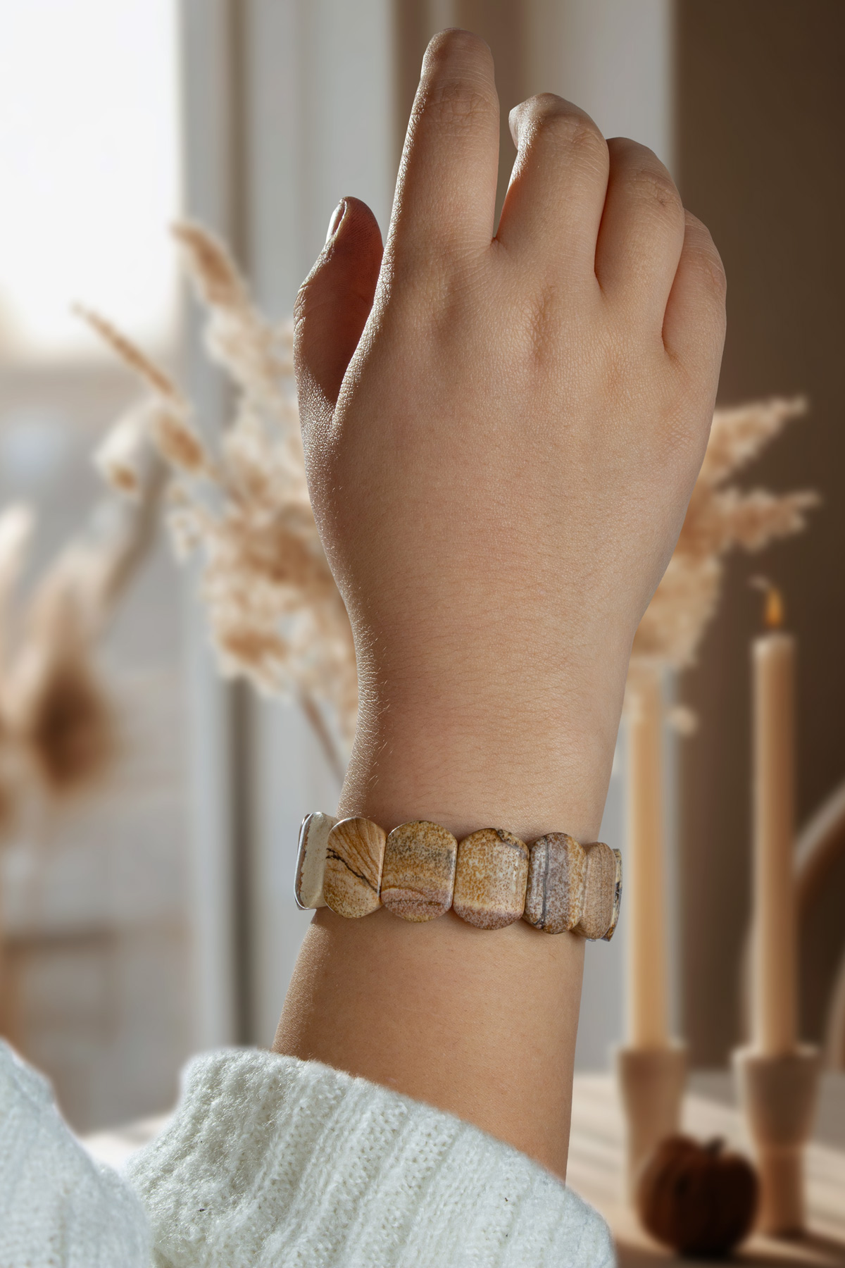 Ağaç Jasper Doğal Taş Oval Kesim İri Bileklik