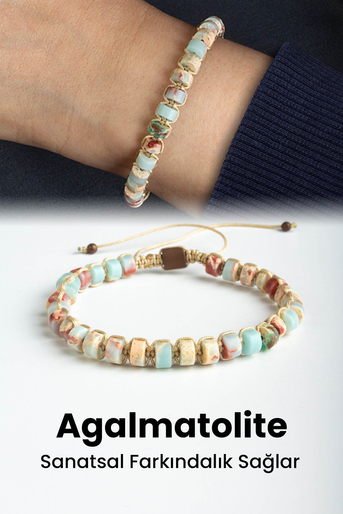 Agalmatolite Doğal Taş Rondela Kesim Makrome Bileklik