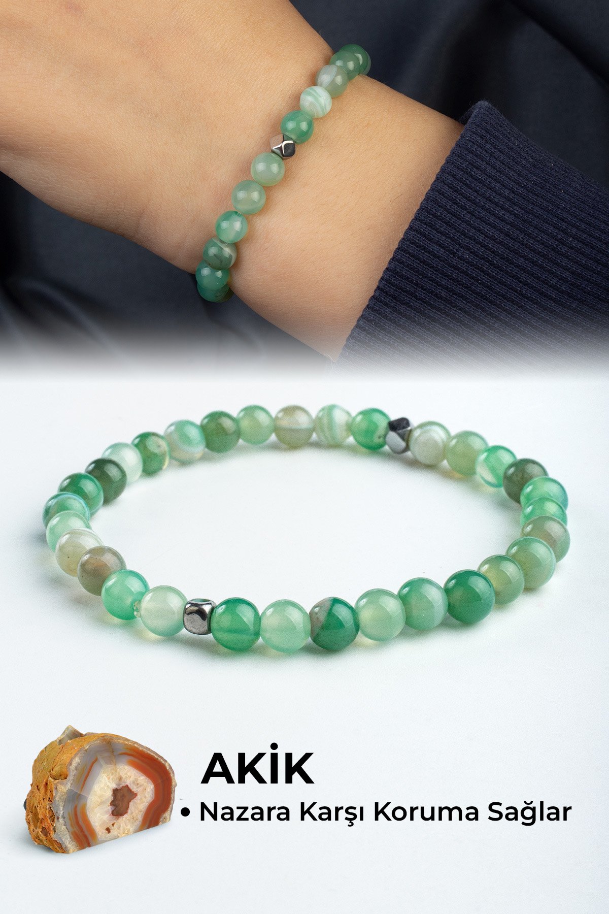 Akik Doğal Taş Yeşil Küre Kesim 6mm Bileklik
