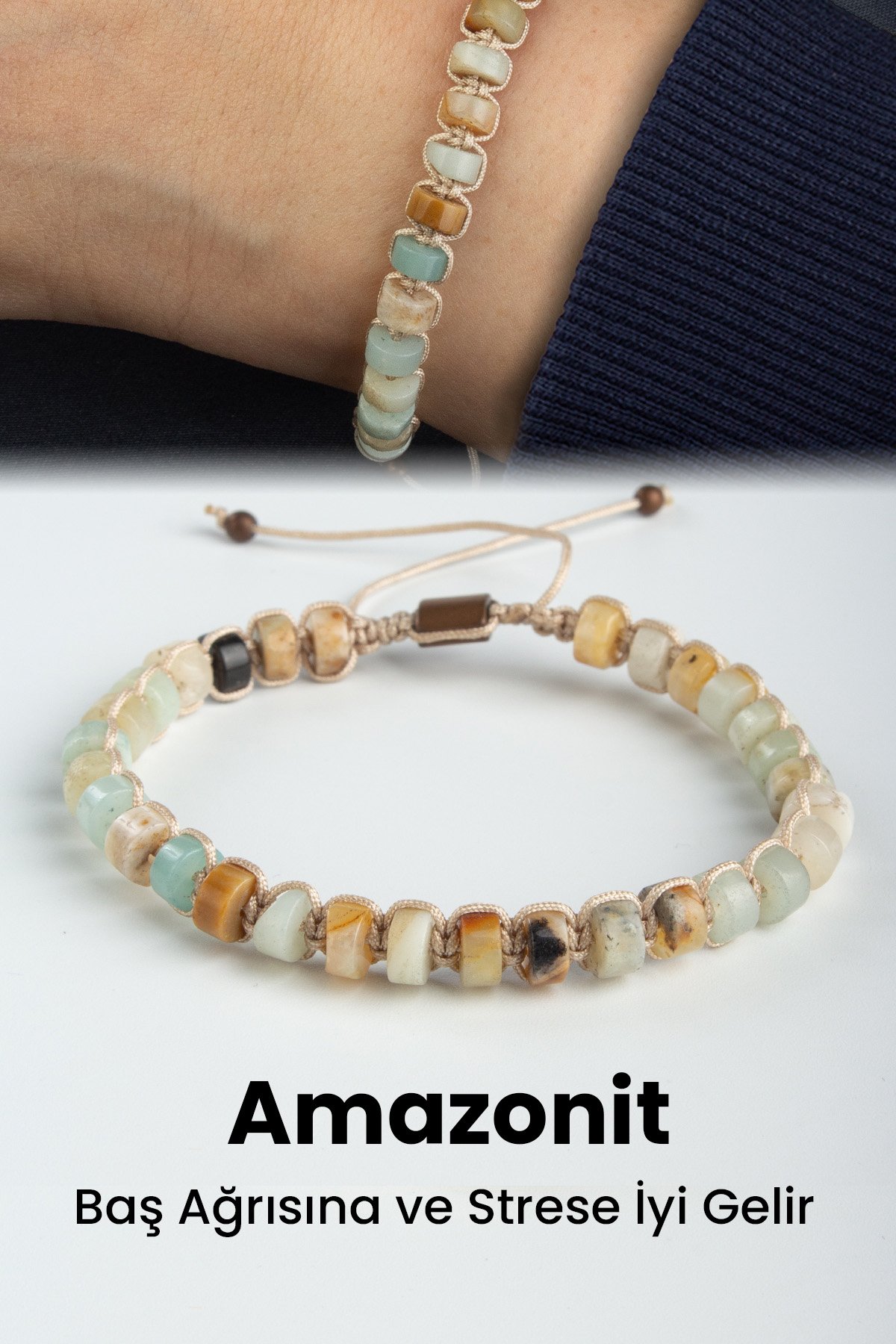 Amazonit Doğal Taş Rondela Kesim Makrome Bileklik