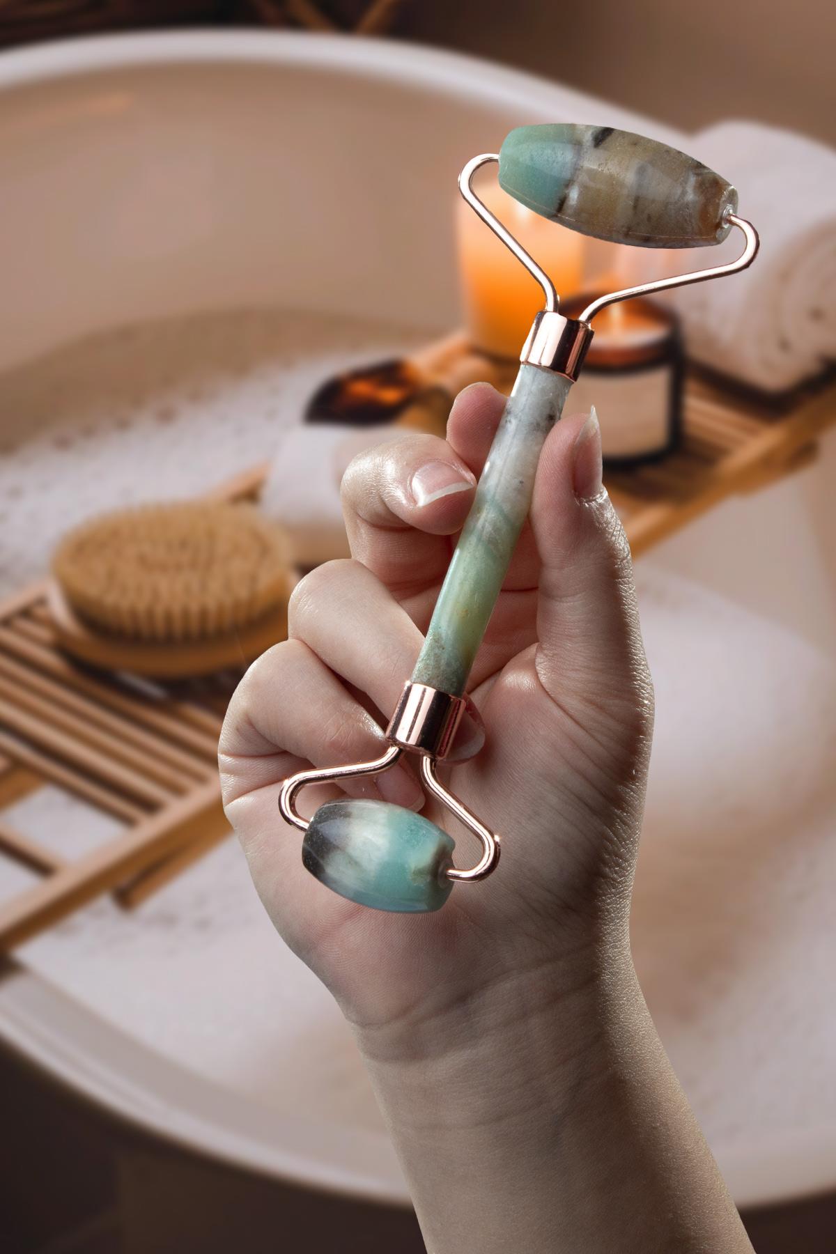 Amazonit Doğal Taş Roz Face Roller Çift Taraflı Orijinal Masaj Aleti