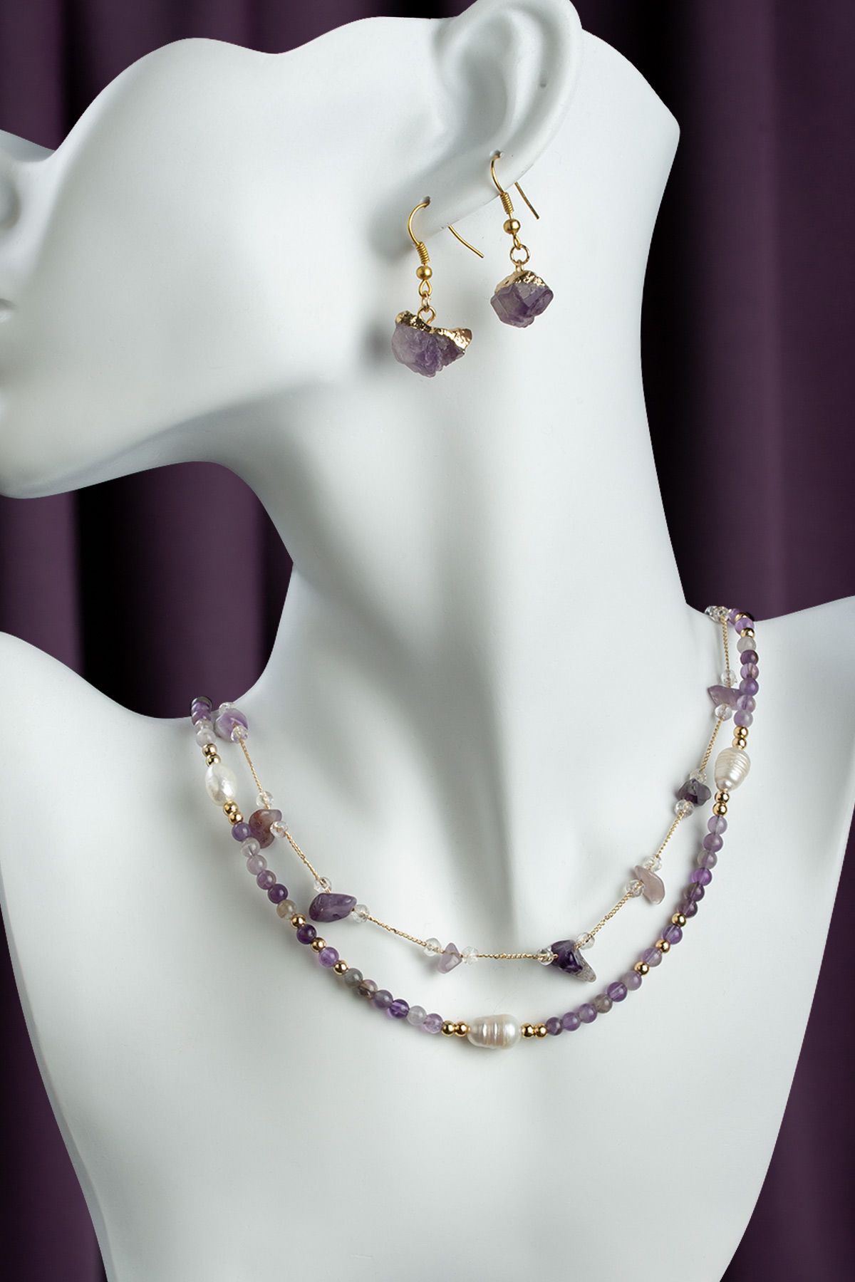 Ametist Doğal İnci Taşlı 2 li Kolye & Ametist Taşı Ham Kütle Küpe Hediye Seti
