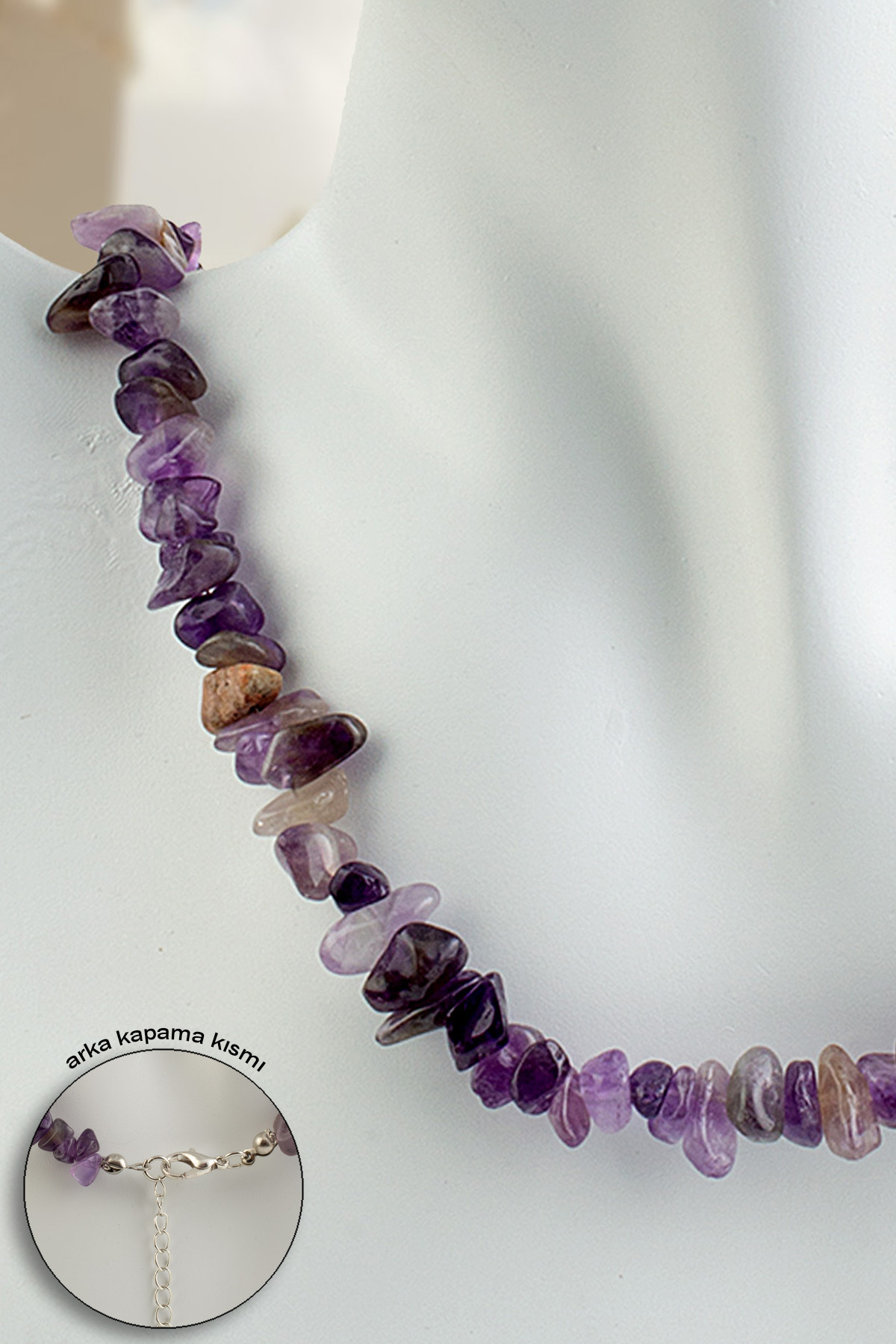 Ametist Doğal Kırık Taş Zincir Kapamalı Kolye
