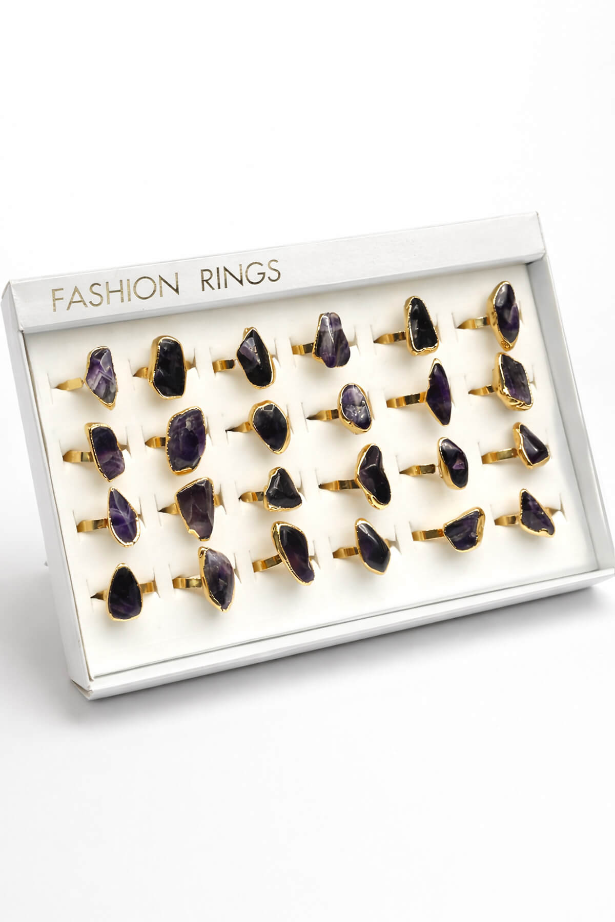 Ametist Doğal Taş Lak Kaplama Ham Kütle Kesim 24 Adet Ayarlanabilir Yüzük