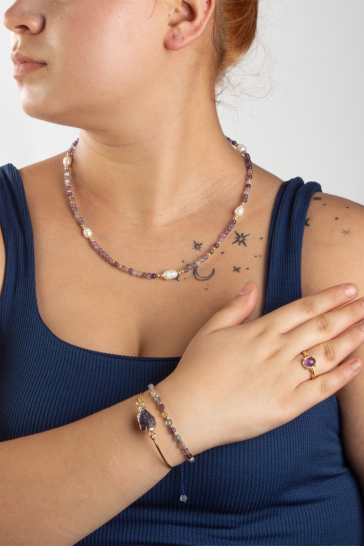 Ametist Doğal Taşlı 3 lu Hediye Kadın Takı Seti