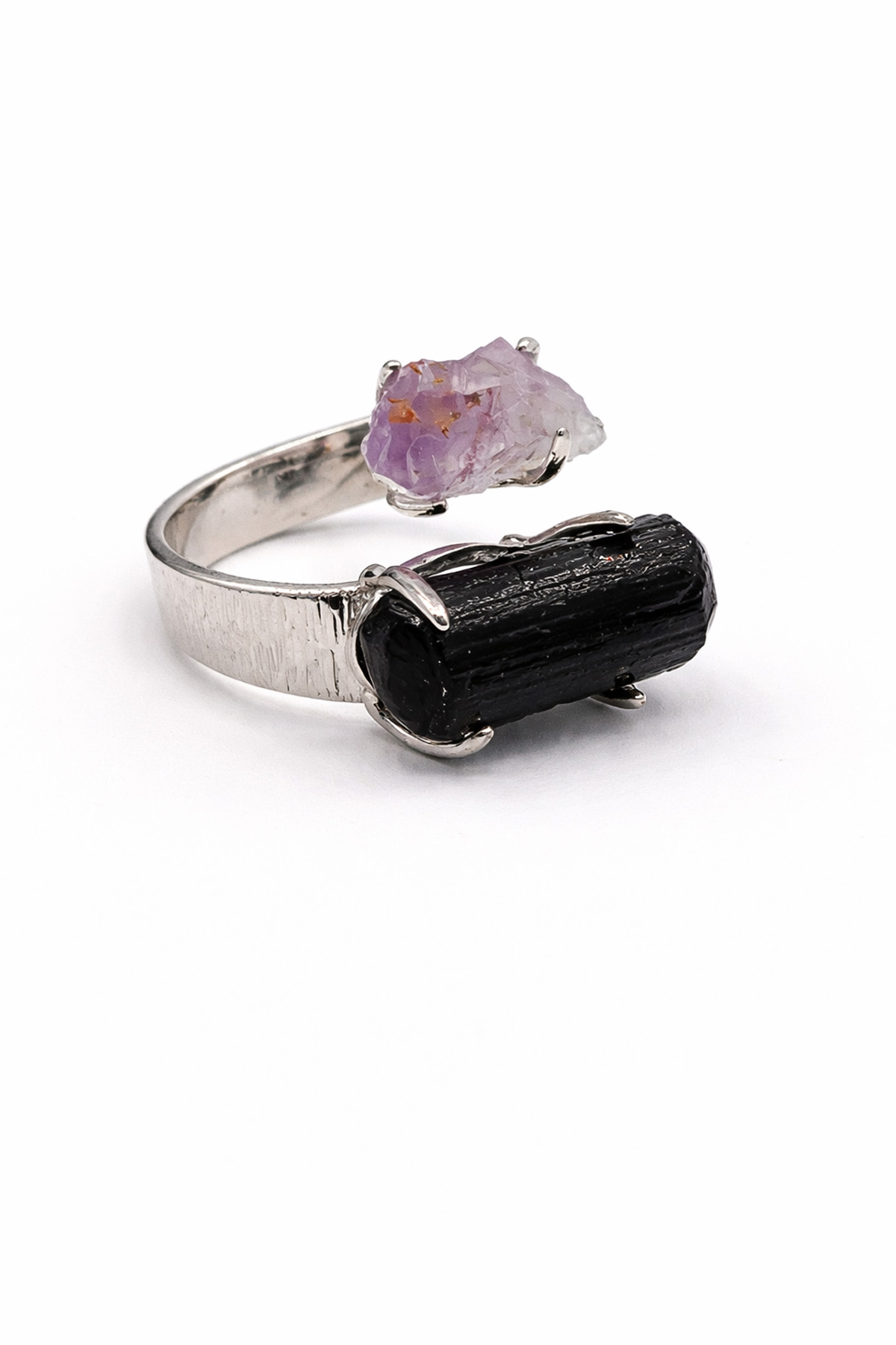 Ametist & Siyah Turmalin Taşı Ham Kütle Kesim Çelik Ayarlanabilir Yüzük