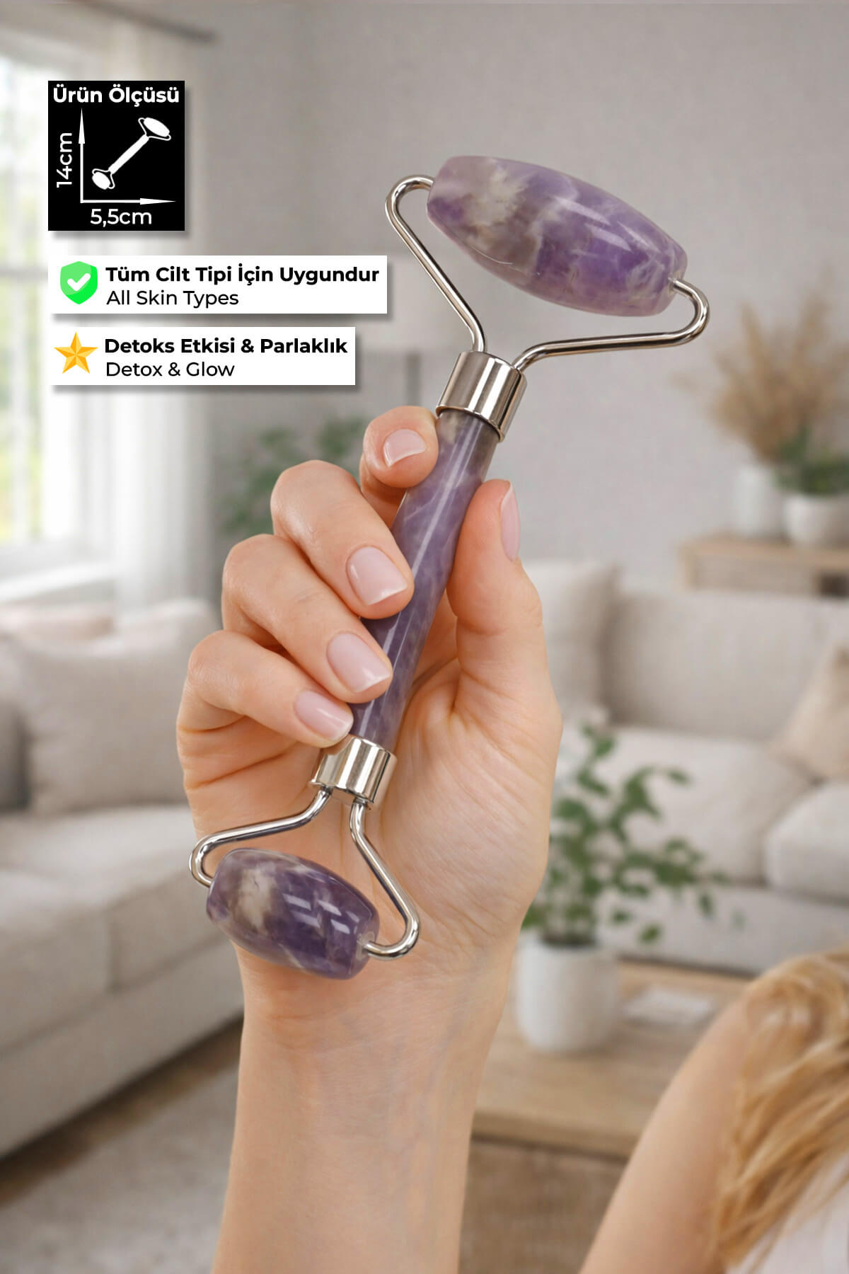 Ametist Taşı Face Roller Taşı Yüz Masaj Aleti - Gümüş Sap