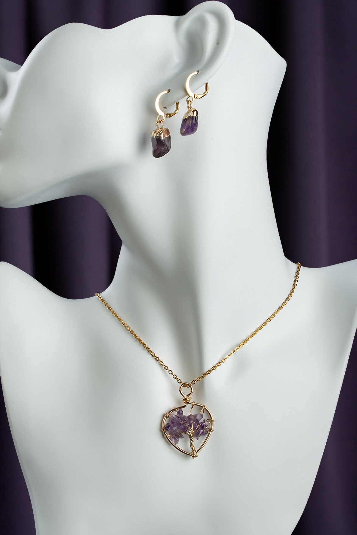 Ametist Taşı Hayat Ağacı Kolye & Ametist Taşı Tamburlanmış Küpe Hediye Seti